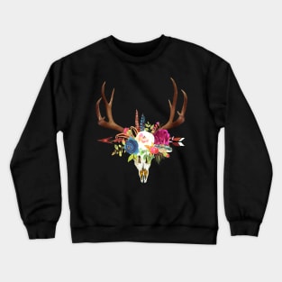 Boho Stag Skull+Horn Watercolor Flowers Crewneck Sweatshirt